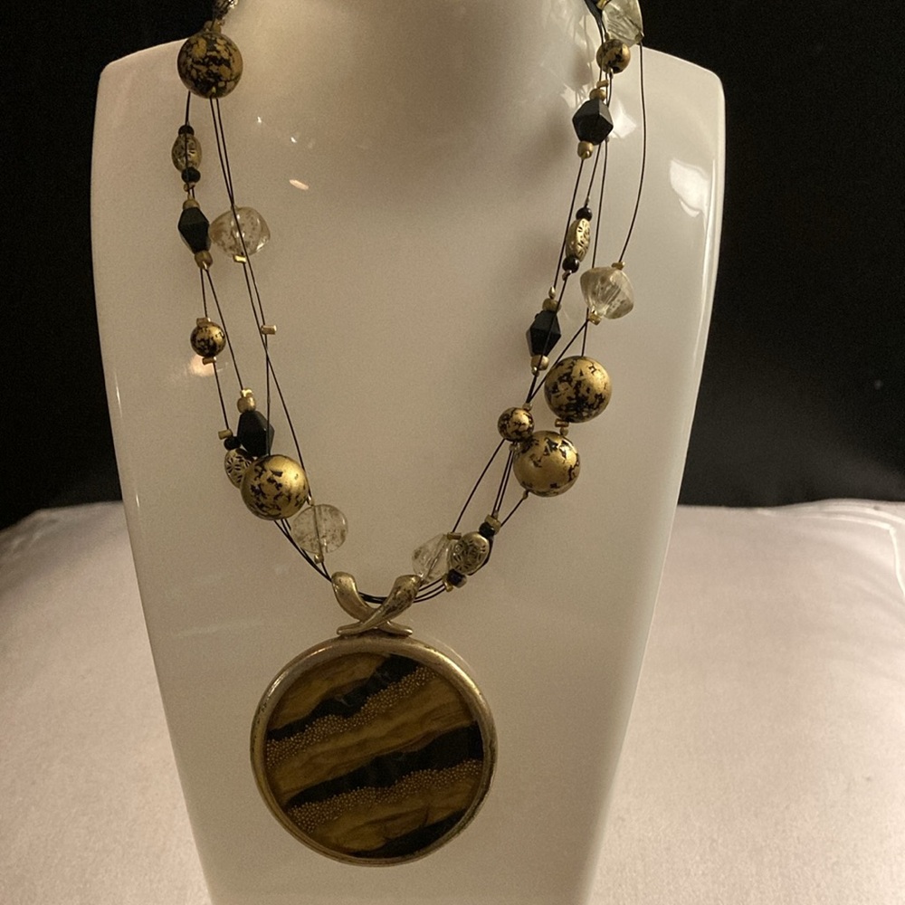 Vintage Multi-Strand Brass Beaded Tiger Stripe Pendant Necklace